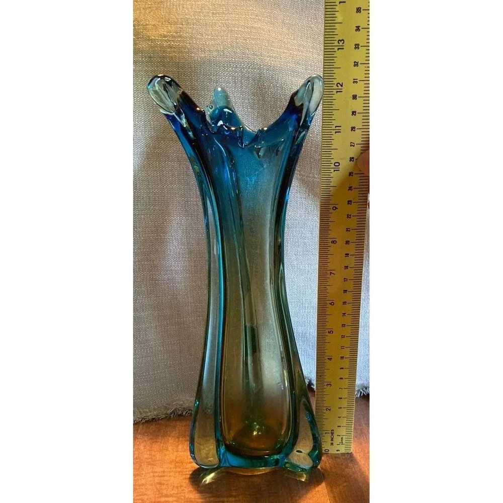 Blue and Gold 3 Lobed Jagged Flame Top Vase 12-1/4